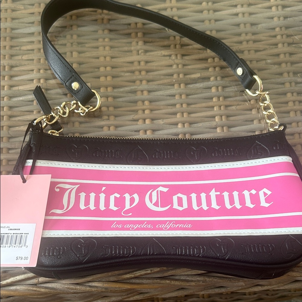 Juicy Couture Pink and Black Logo Wristlet with Gold Hardware